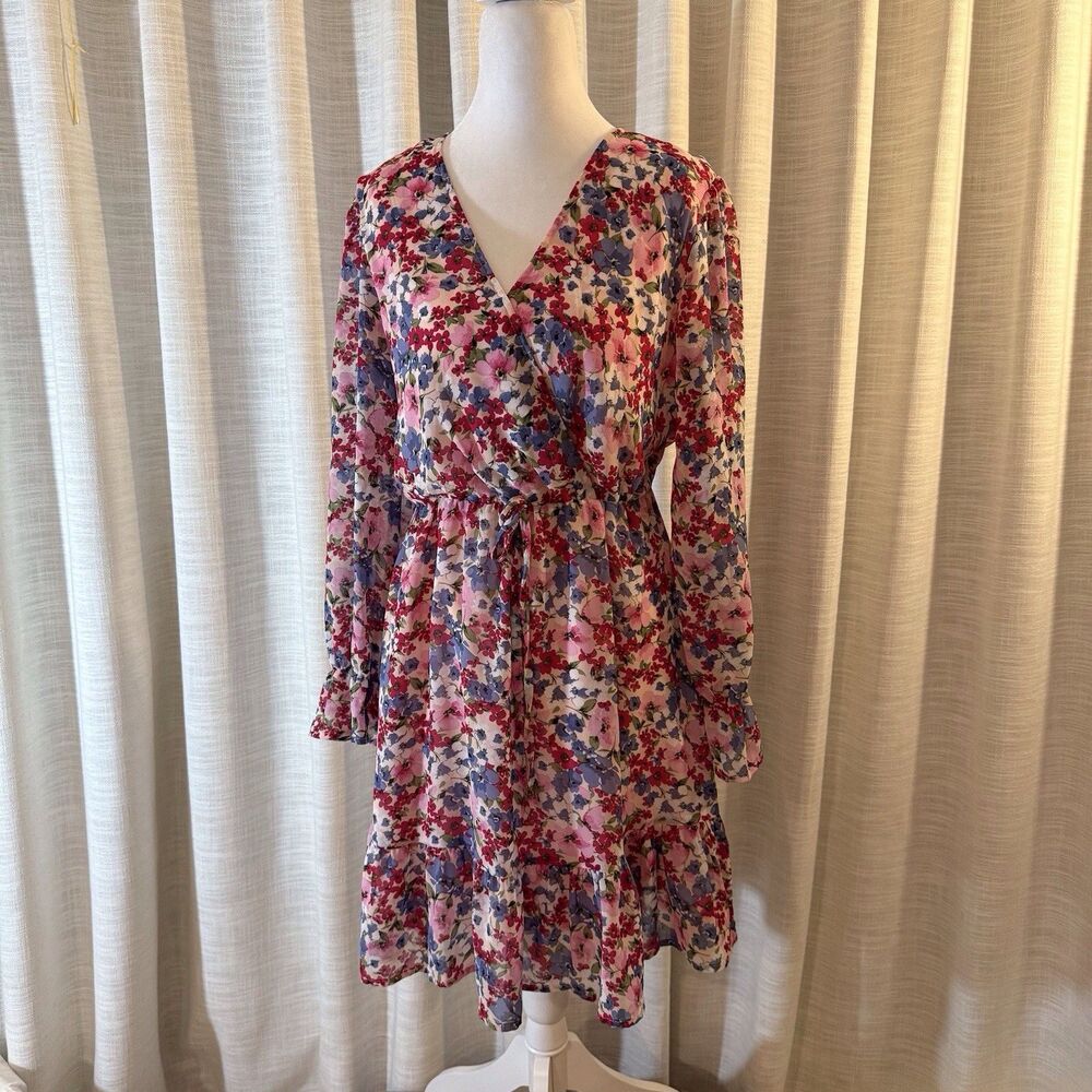 Kirundo Womens Dress Small Pink Floral Faux Wrap Ruffle Tiered Long Sleeve Flowy